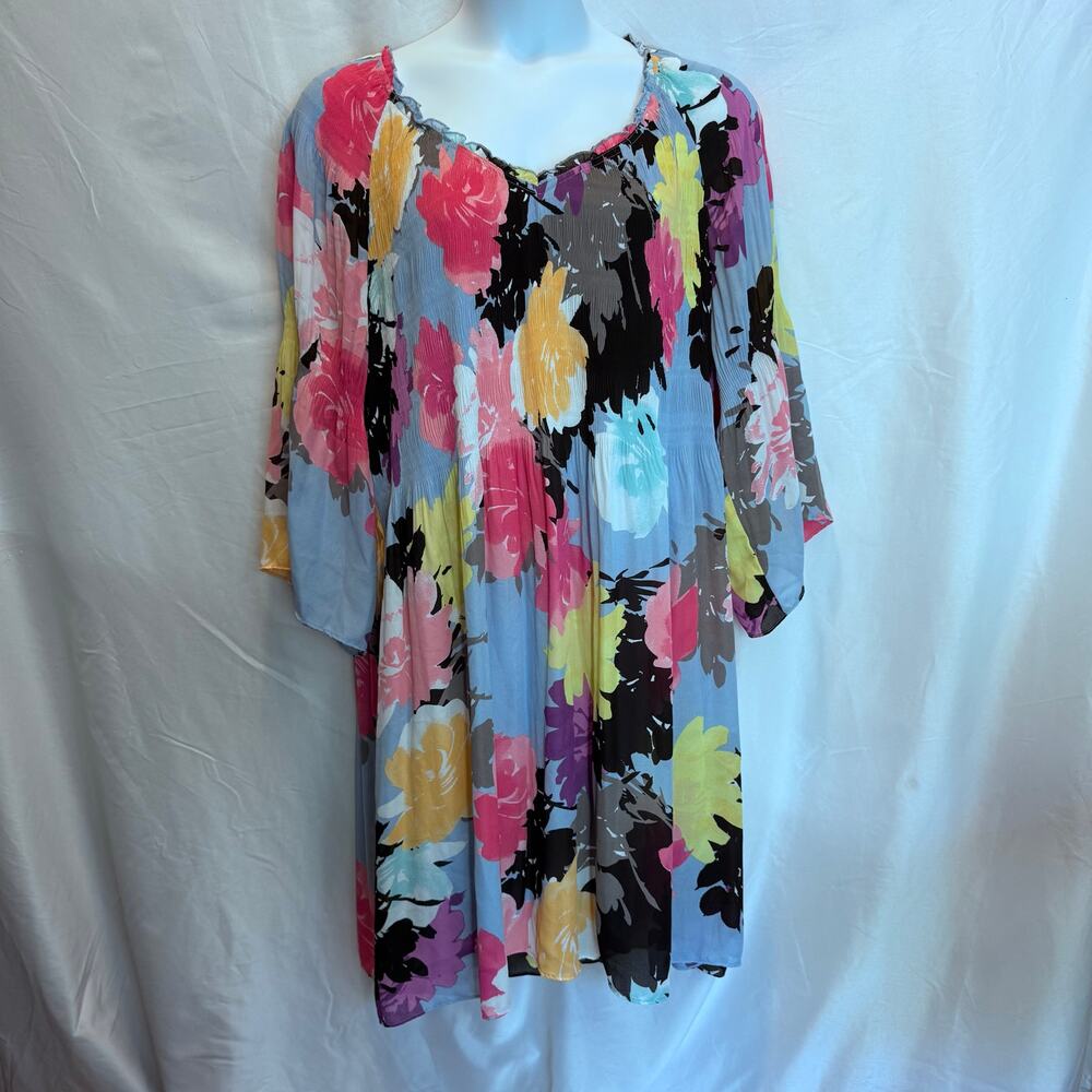 Ninety Clothing Co Floral Plissé Dress Plus 3X Smocked Waist Flutter Sleeve Blue